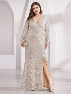 Shiny V Neck Plus Size Sequin Evening Party Dress with Long Sleeve