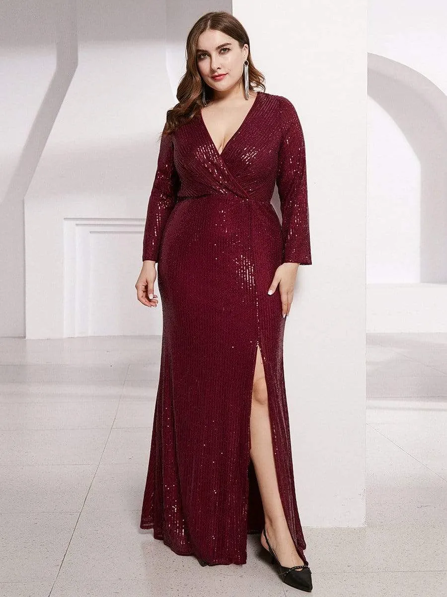 Shiny V Neck Plus Size Sequin Evening Party Dress with Long Sleeve