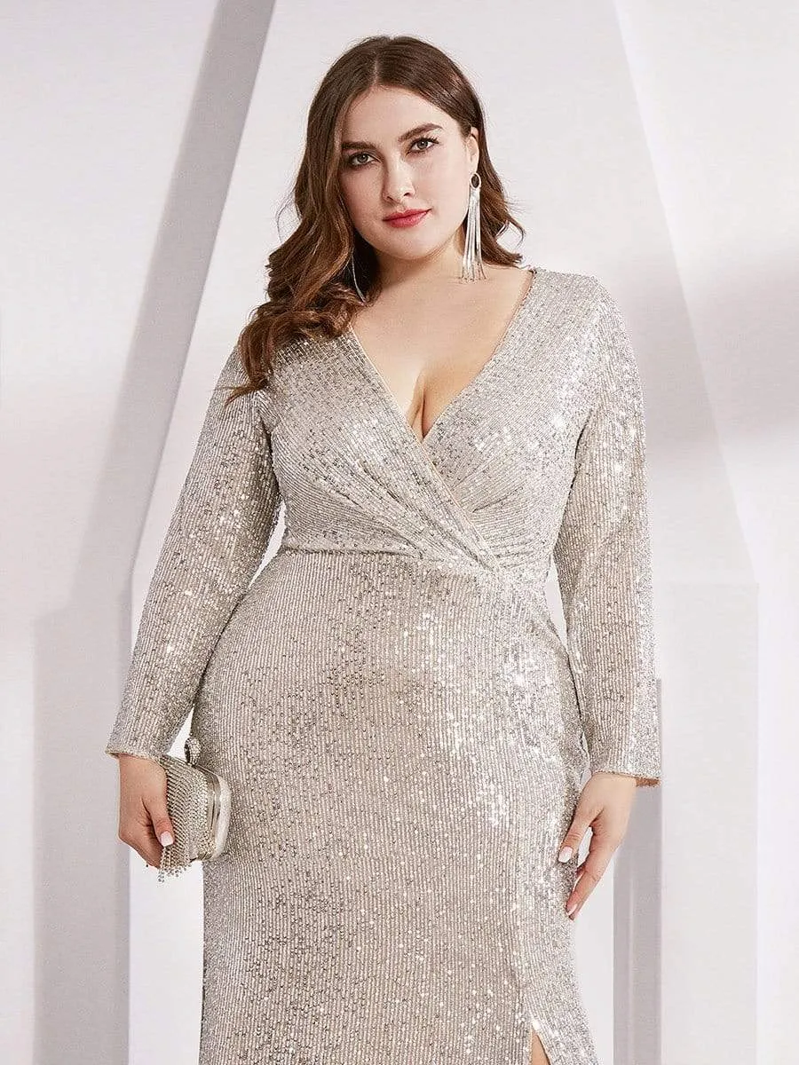 Shiny V Neck Plus Size Sequin Evening Party Dress with Long Sleeve