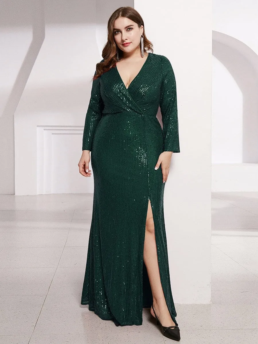 Shiny V Neck Plus Size Sequin Evening Party Dress with Long Sleeve