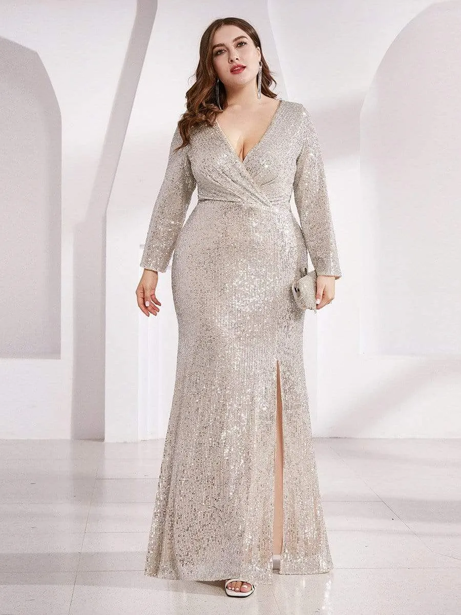 Shiny V Neck Plus Size Sequin Evening Party Dress with Long Sleeve