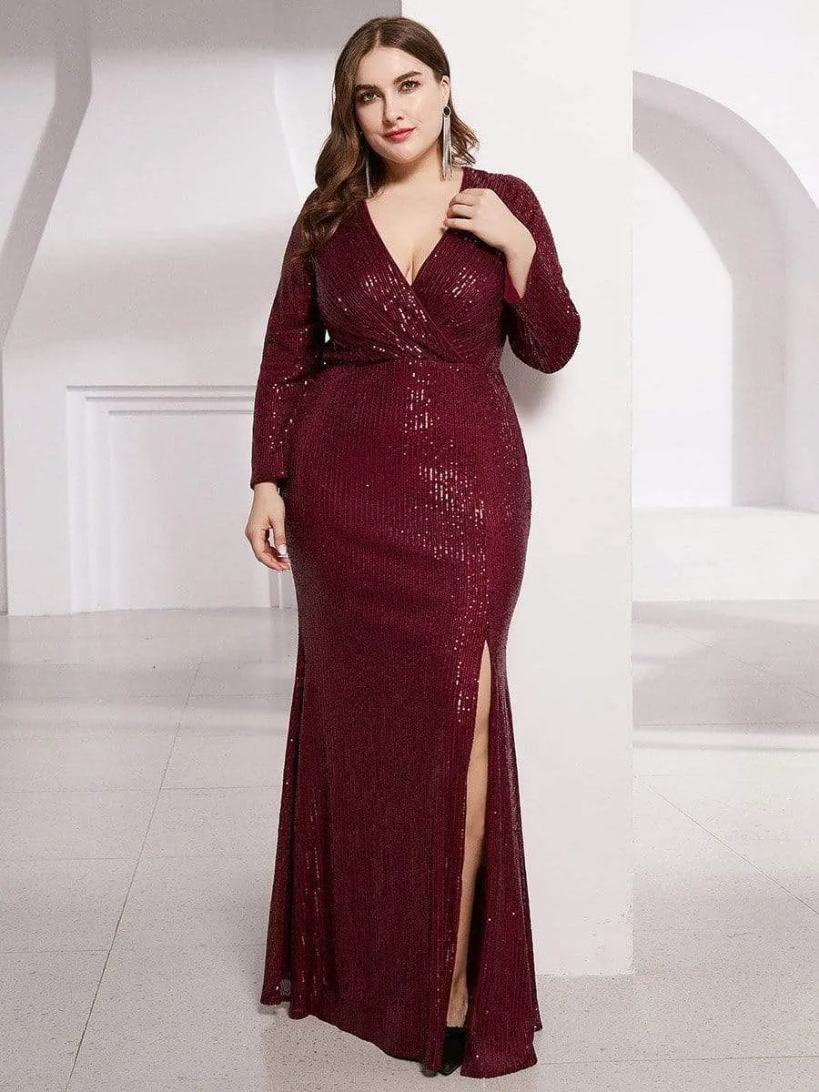 Shiny V Neck Plus Size Sequin Evening Party Dress with Long Sleeve