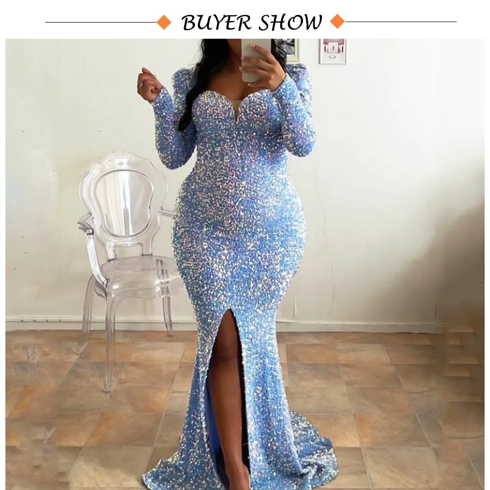 Sky Blue Long Sleeve Mermaid Wedding Gown Shiny Sequin Stretchy Velvet Slit Leg Evening Maxi Prom Dresses Winter