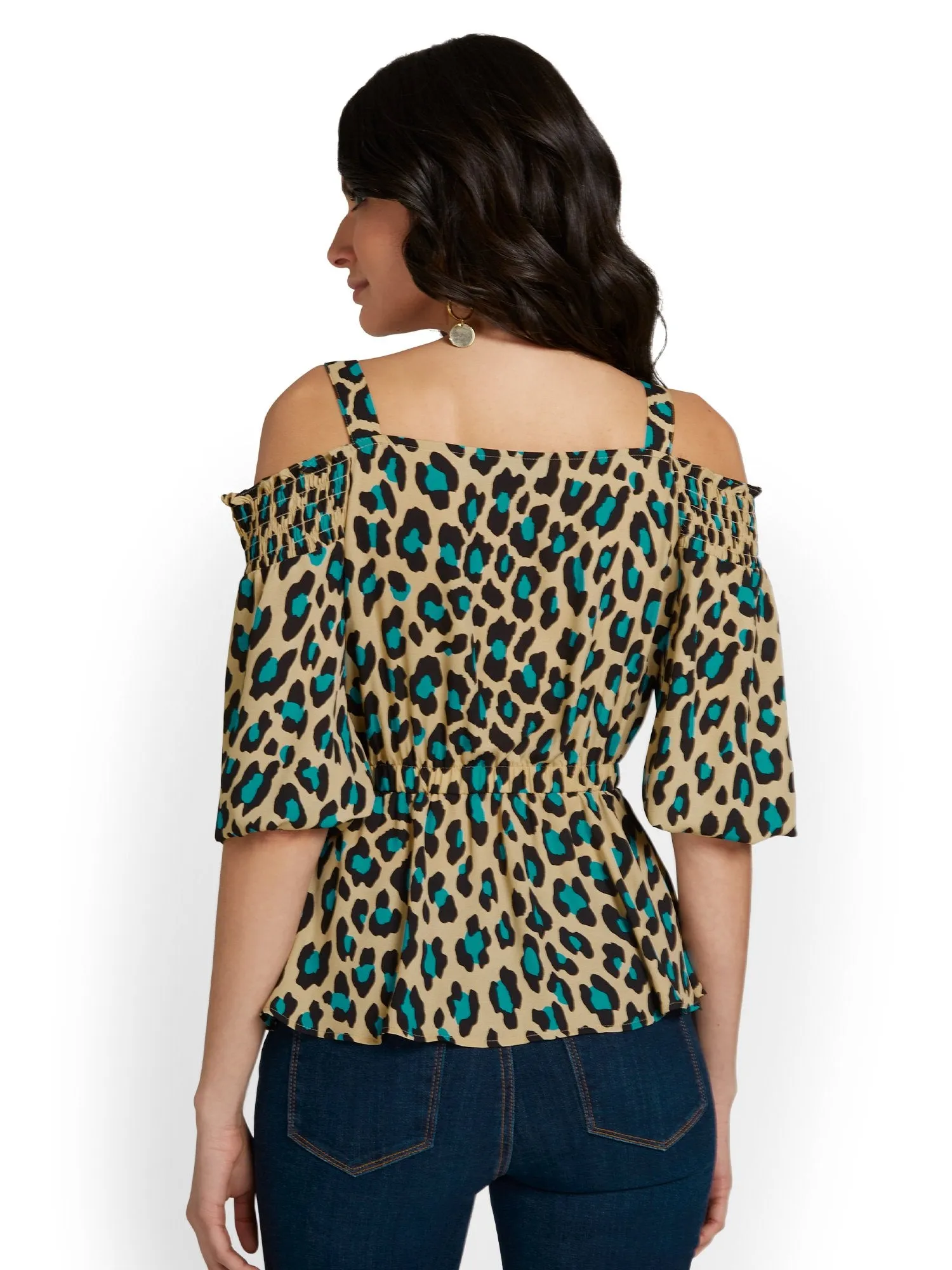 Smocked Cold-Shoulder Peplum Top - Leopard-Print