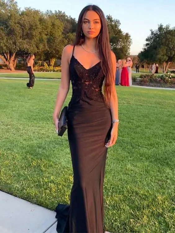 Spaghetti Straps Black Long Prom Dress Sheath Evening Party Dress With Appliques 2440