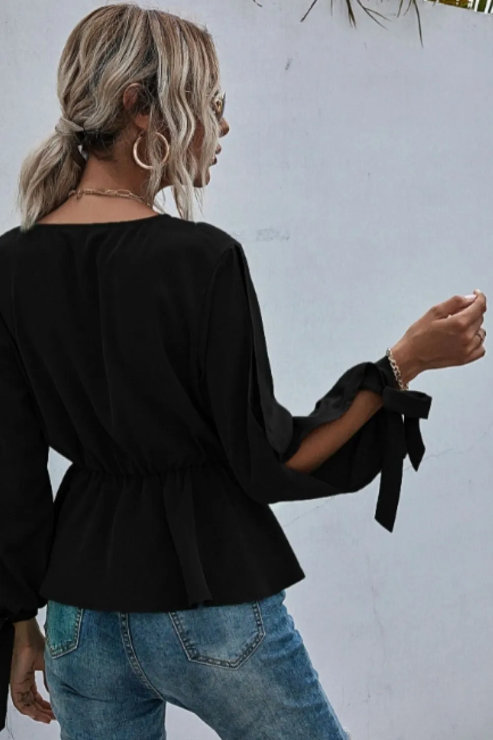 Split Sleeve Tie Cuff Peplum Blouse