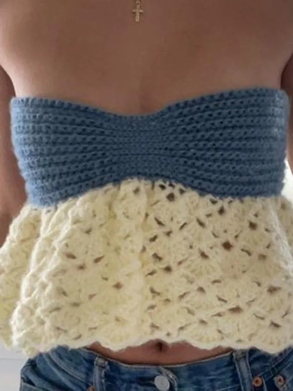 Strapless Peplum Lace-Up Crochet Tube Top