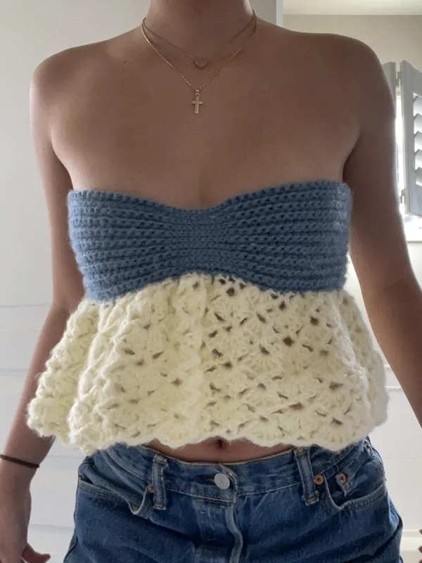 Strapless Peplum Lace-Up Crochet Tube Top