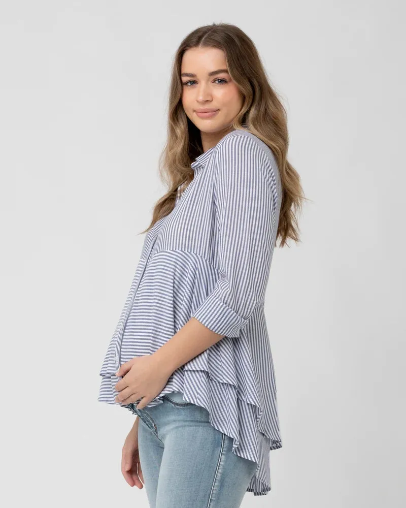 Stripe Layered Peplum Shirt - Navy/White