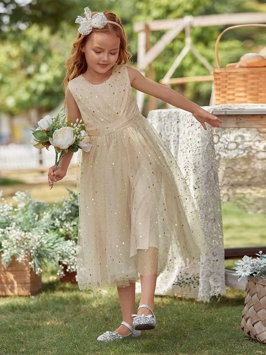 Sweet Round Neck Sleeveless Tulle & Sequin Flower Girl Dress with Ruched Belt