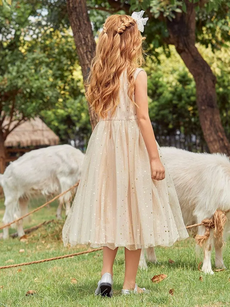 Sweet Round Neck Sleeveless Tulle & Sequin Flower Girl Dress with Ruched Belt