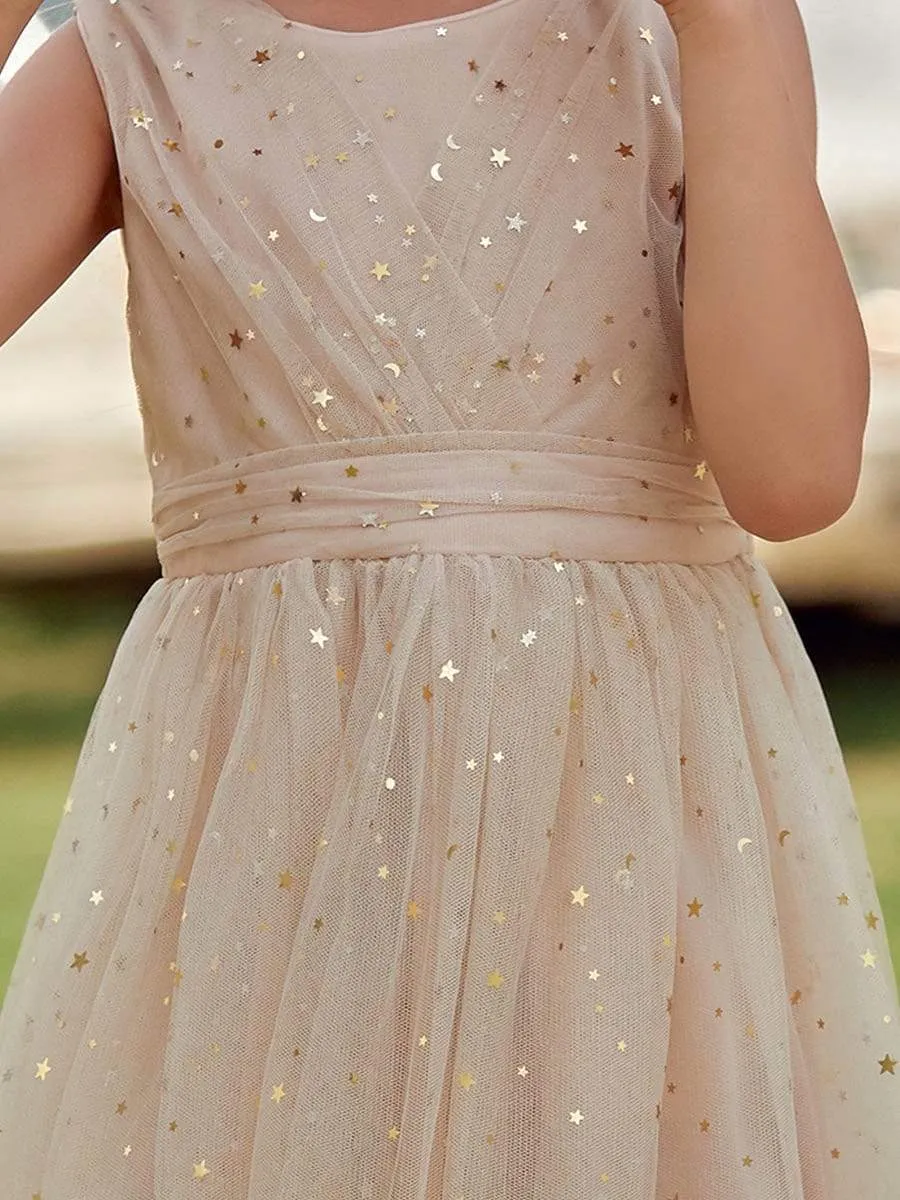 Sweet Round Neck Sleeveless Tulle & Sequin Flower Girl Dress with Ruched Belt