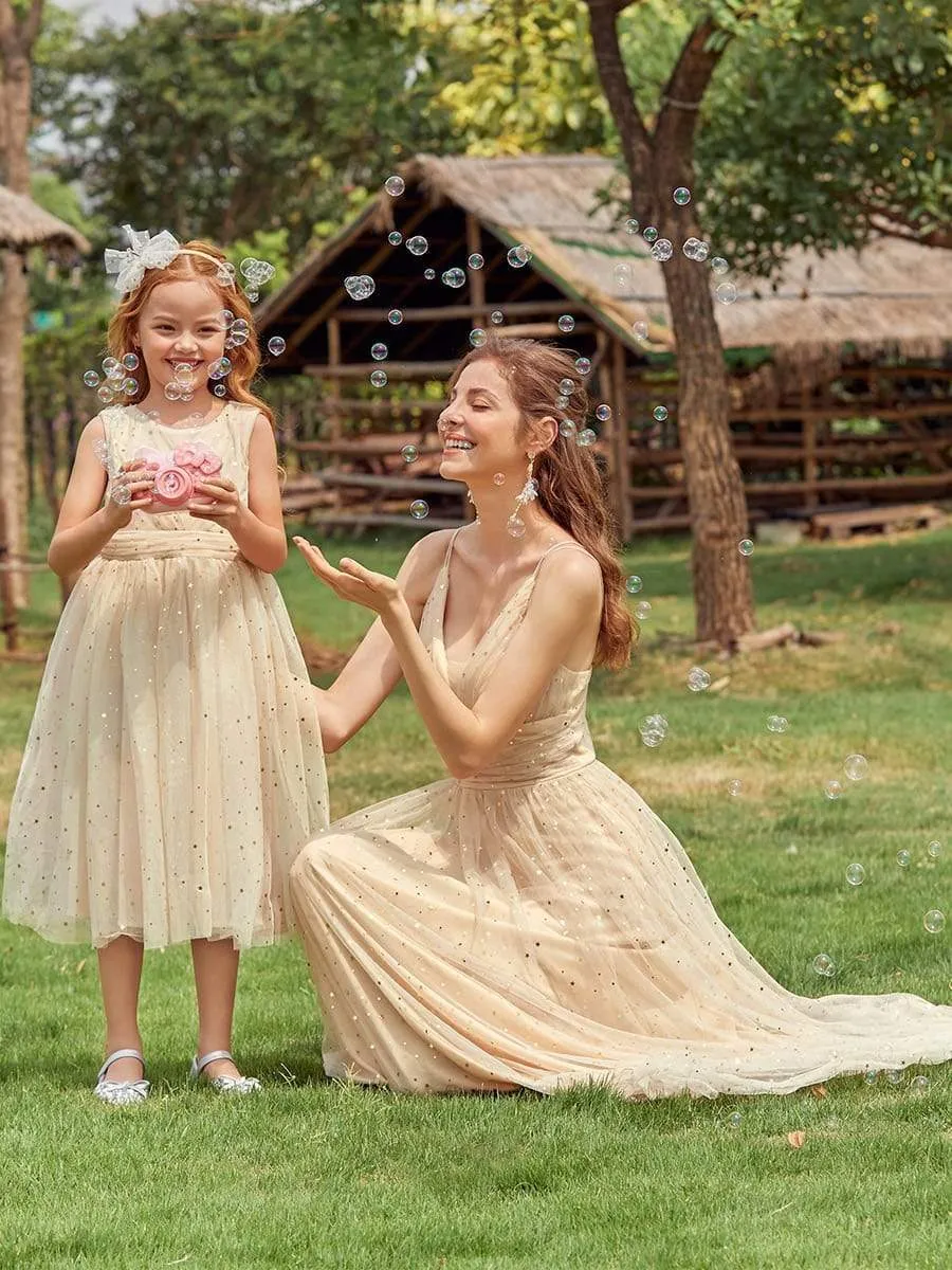 Sweet Round Neck Sleeveless Tulle & Sequin Flower Girl Dress with Ruched Belt