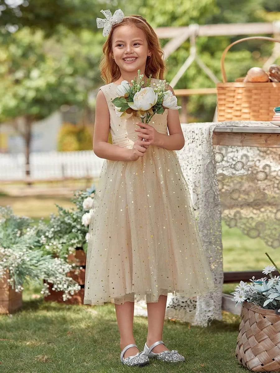 Sweet Round Neck Sleeveless Tulle & Sequin Flower Girl Dress with Ruched Belt