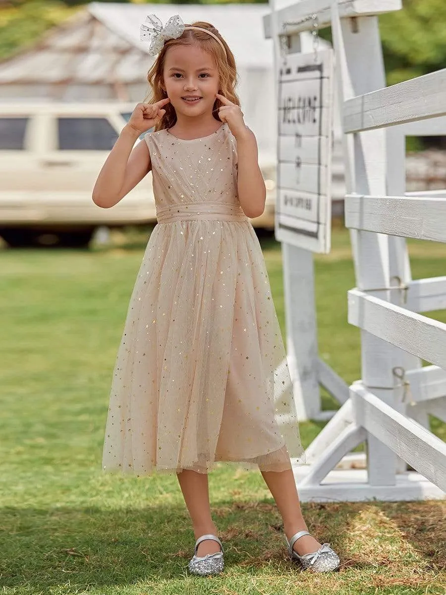 Sweet Round Neck Sleeveless Tulle & Sequin Flower Girl Dress with Ruched Belt