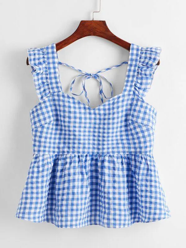 Tie Back Ruffle Trim Gingham Peplum Top