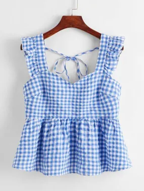 Tie Back Ruffle Trim Gingham Peplum Top