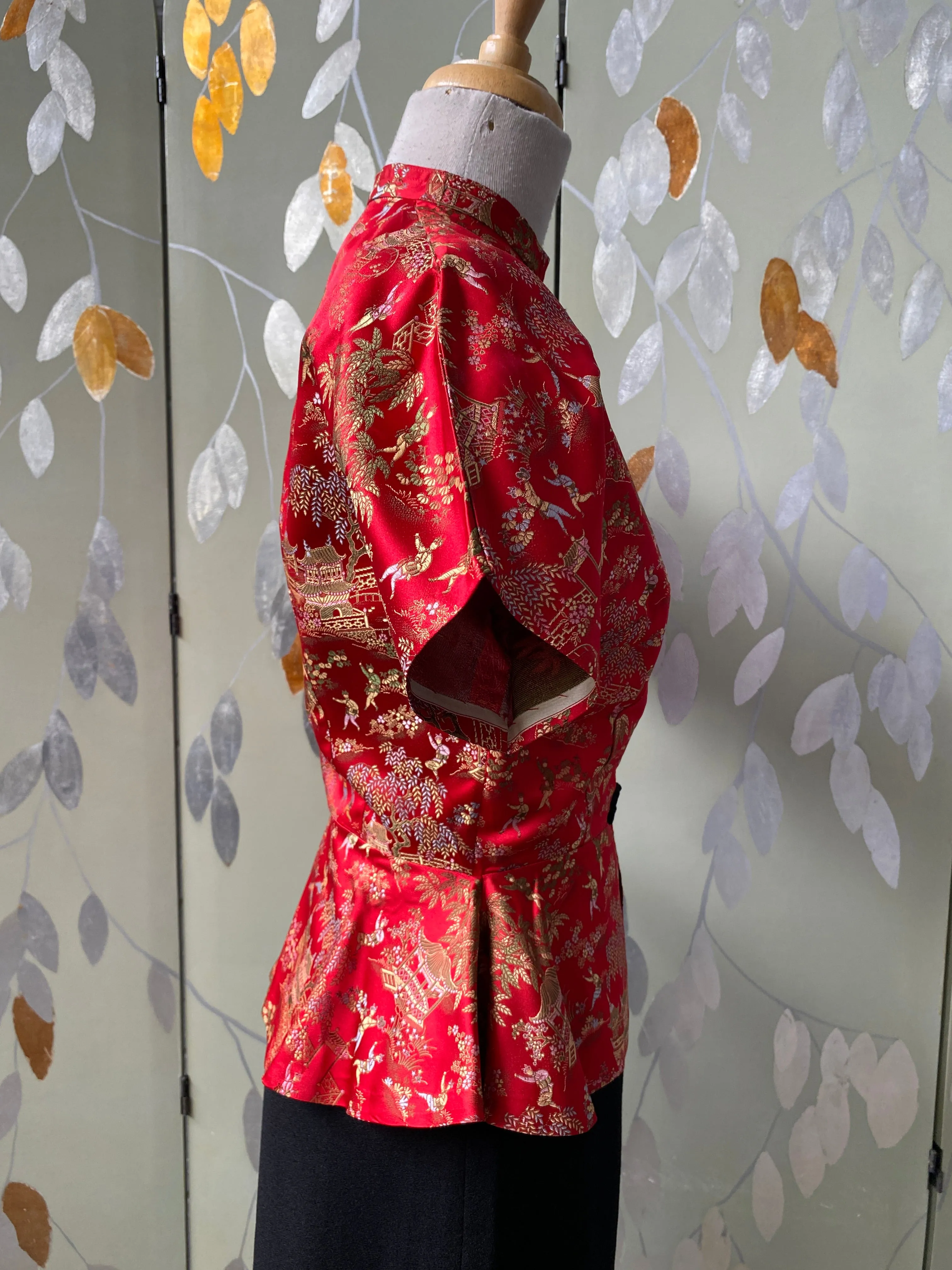 Vintage 1950s Red Satin Cheongsam-Style Blouse, Small