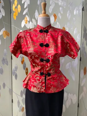 Vintage 1950s Red Satin Cheongsam-Style Blouse, Small