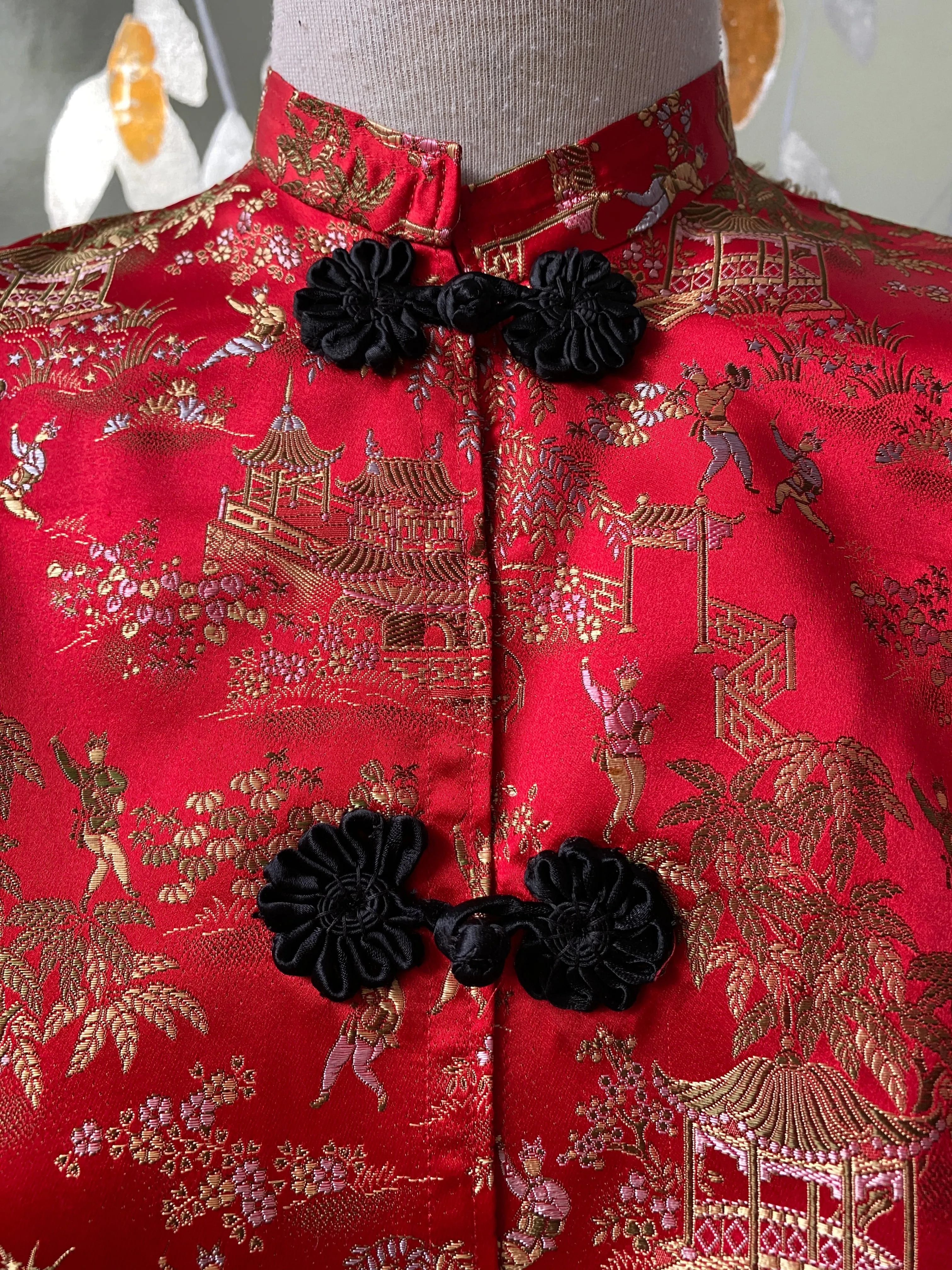 Vintage 1950s Red Satin Cheongsam-Style Blouse, Small