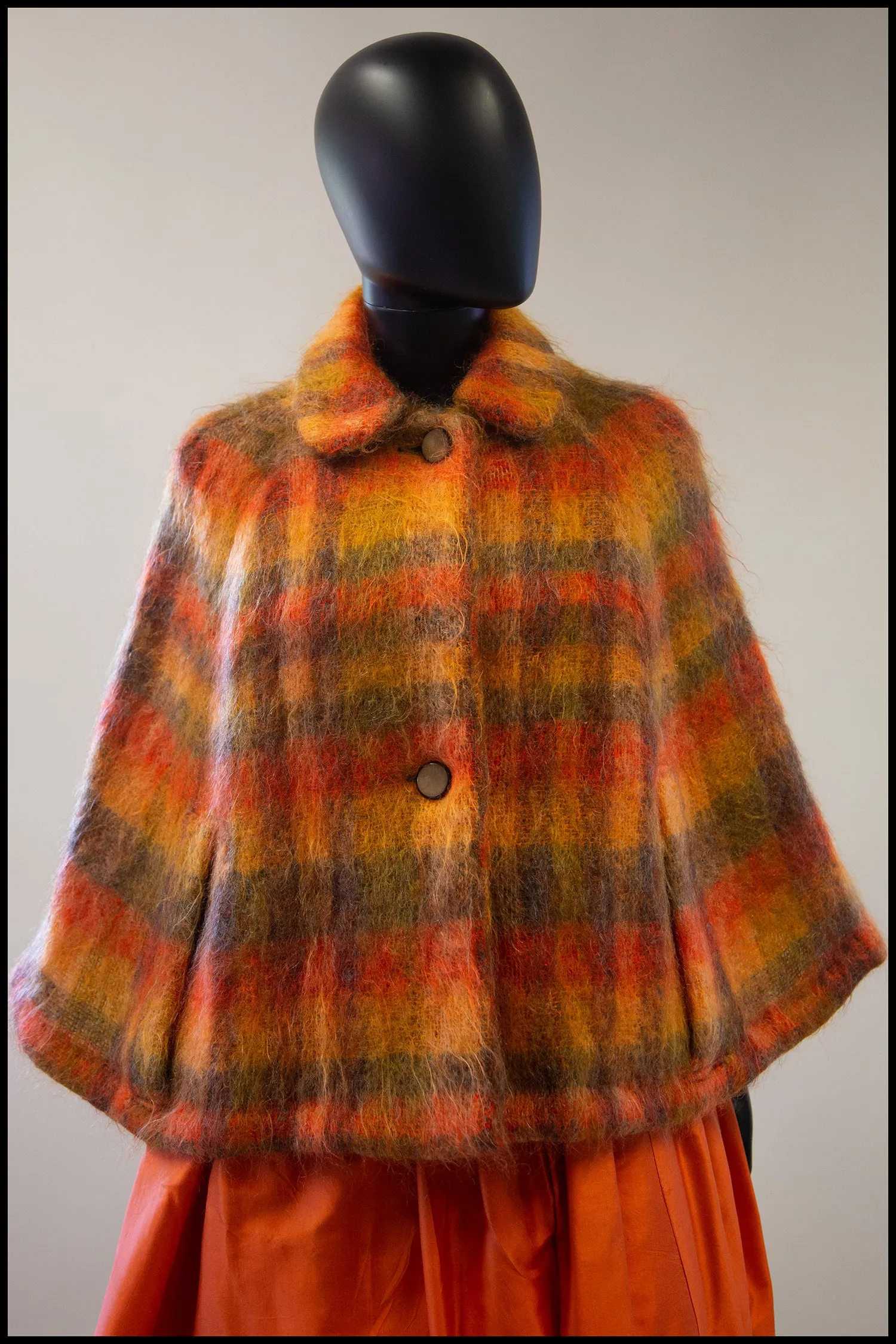 Vintage 1960s Burnt Orange Plaid Mohair Cape