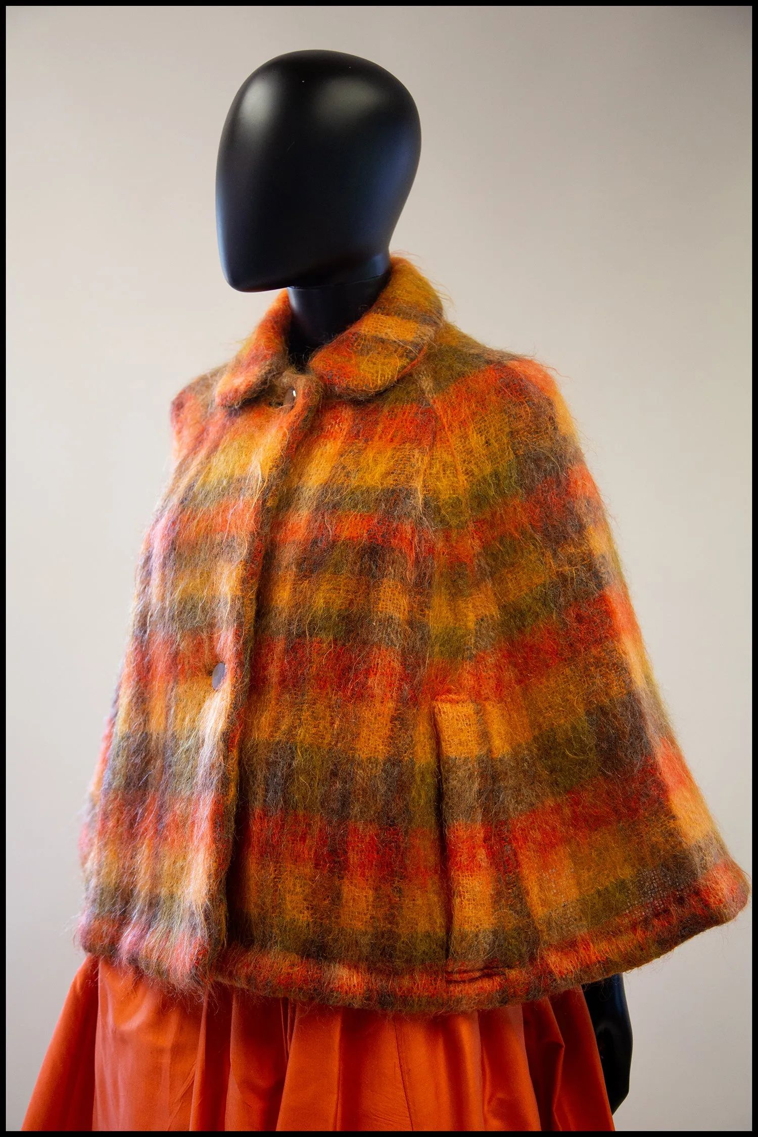 Vintage 1960s Burnt Orange Plaid Mohair Cape