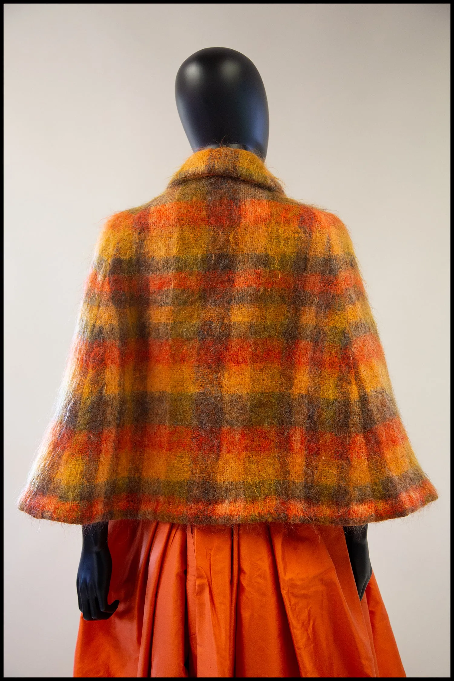 Vintage 1960s Burnt Orange Plaid Mohair Cape