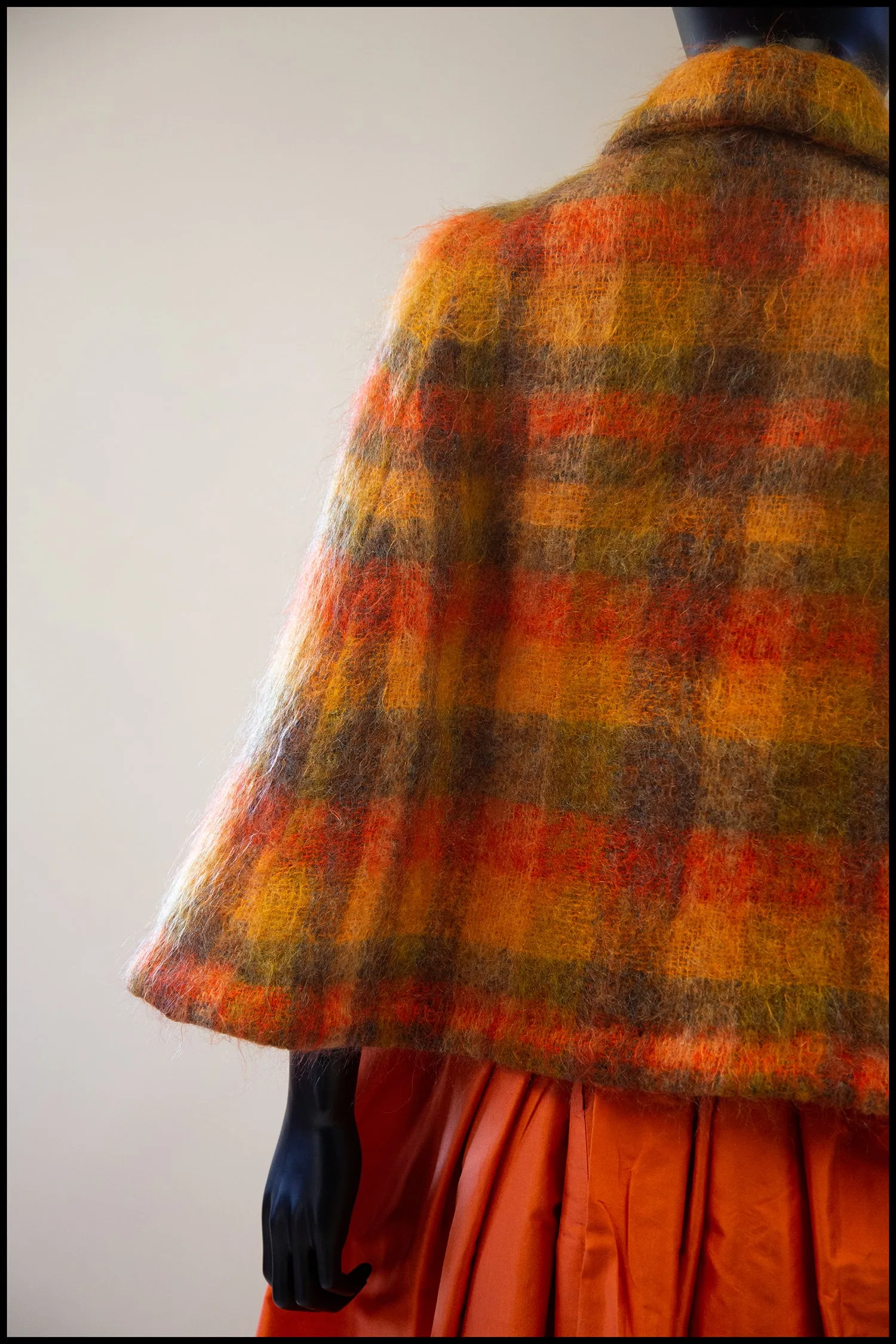 Vintage 1960s Burnt Orange Plaid Mohair Cape