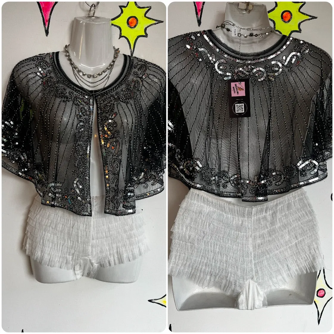 Vintage | Black Silver Sequin Beaded Embellished Costume Party Cape Shrug Bolero