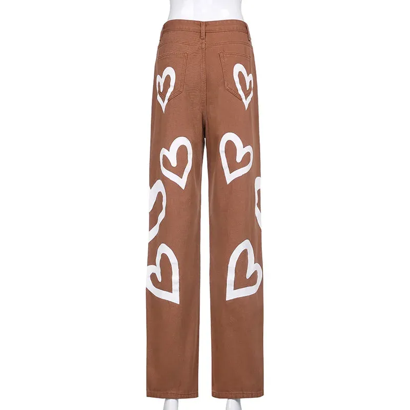 Vintage Heart Printed Wide Legged Jeans