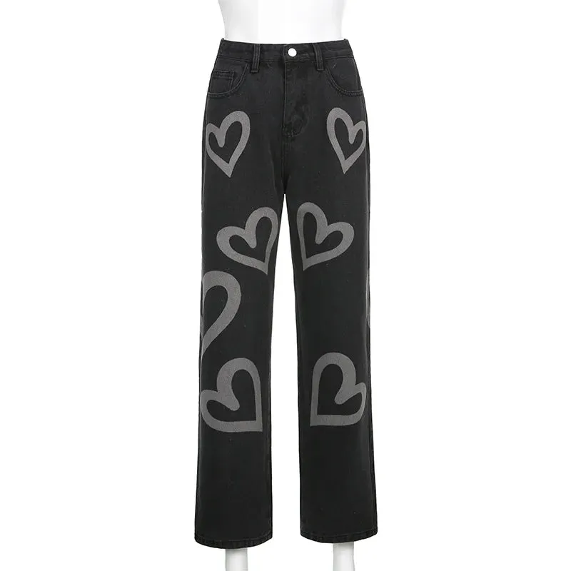 Vintage Heart Printed Wide Legged Jeans