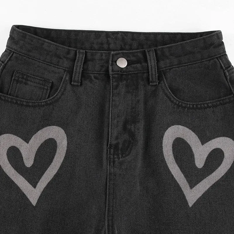 Vintage Heart Printed Wide Legged Jeans