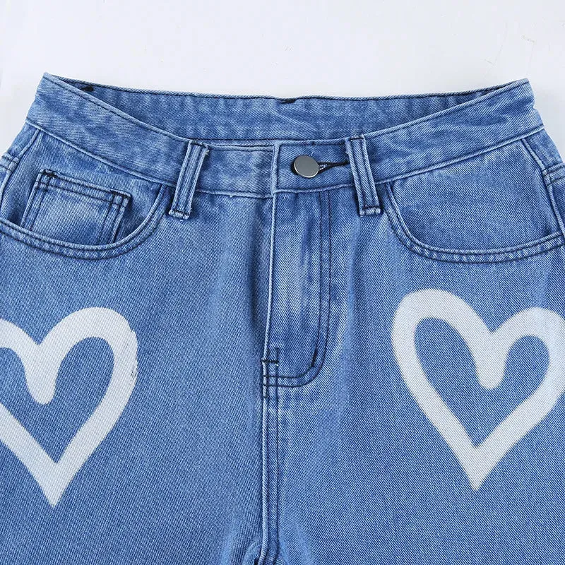 Vintage Heart Printed Wide Legged Jeans