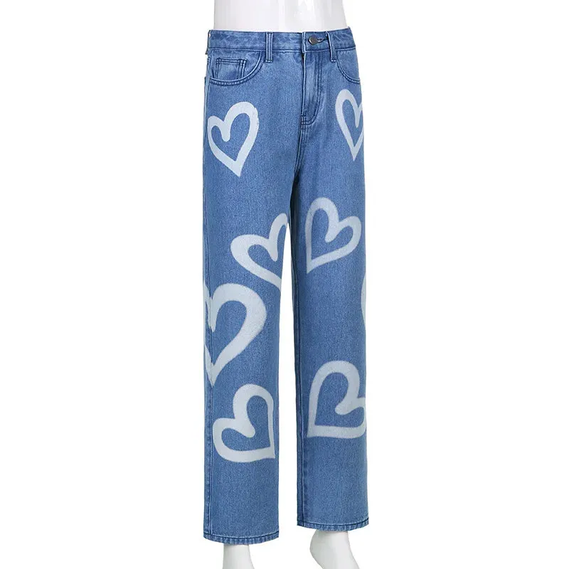 Vintage Heart Printed Wide Legged Jeans