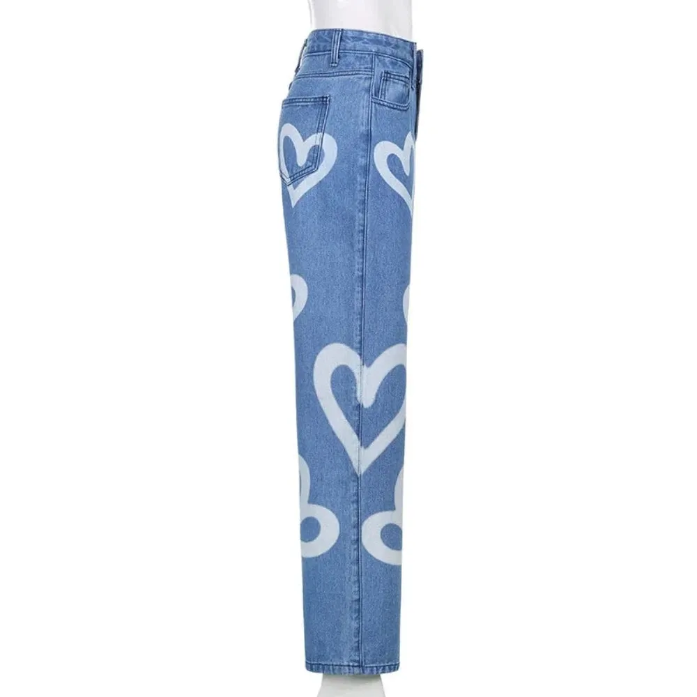 Vintage Heart Printed Wide Legged Jeans