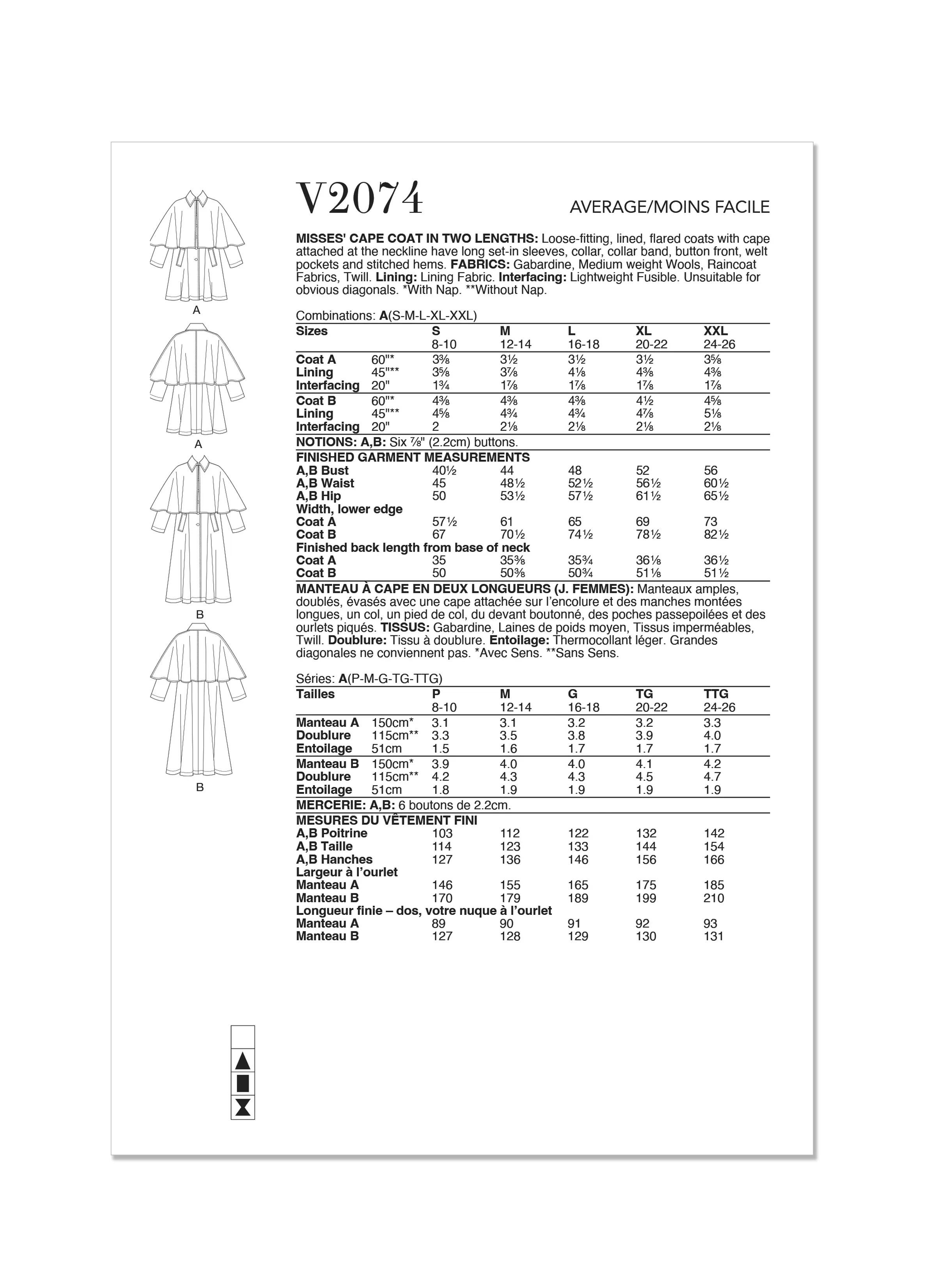 Vogue Sewing Pattern 2074 Misses' Cape Coat in Two Lengths