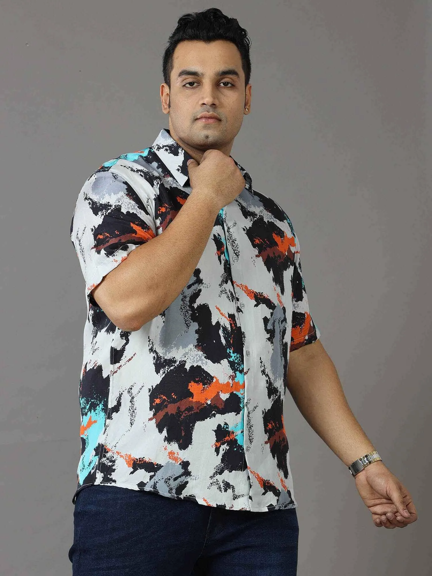 Volcano Printed Silk Half Shirt Men's Plus Size