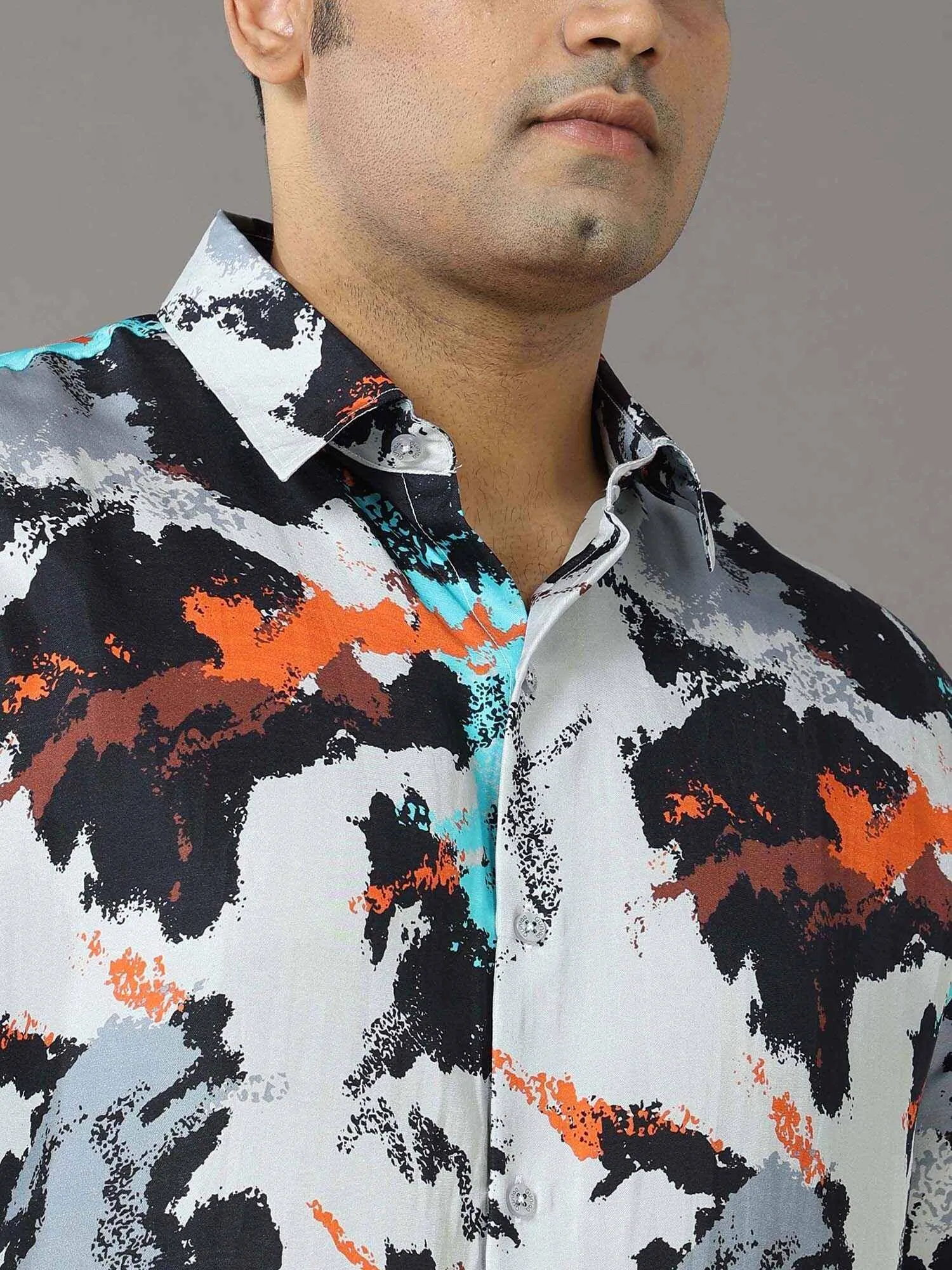 Volcano Printed Silk Half Shirt Men's Plus Size