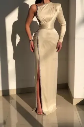 White Beaded Evening Dresses Satin Mermaid One-Shoulder Side Slit Floor-Length Elegant Party Dresses For Women 070544704