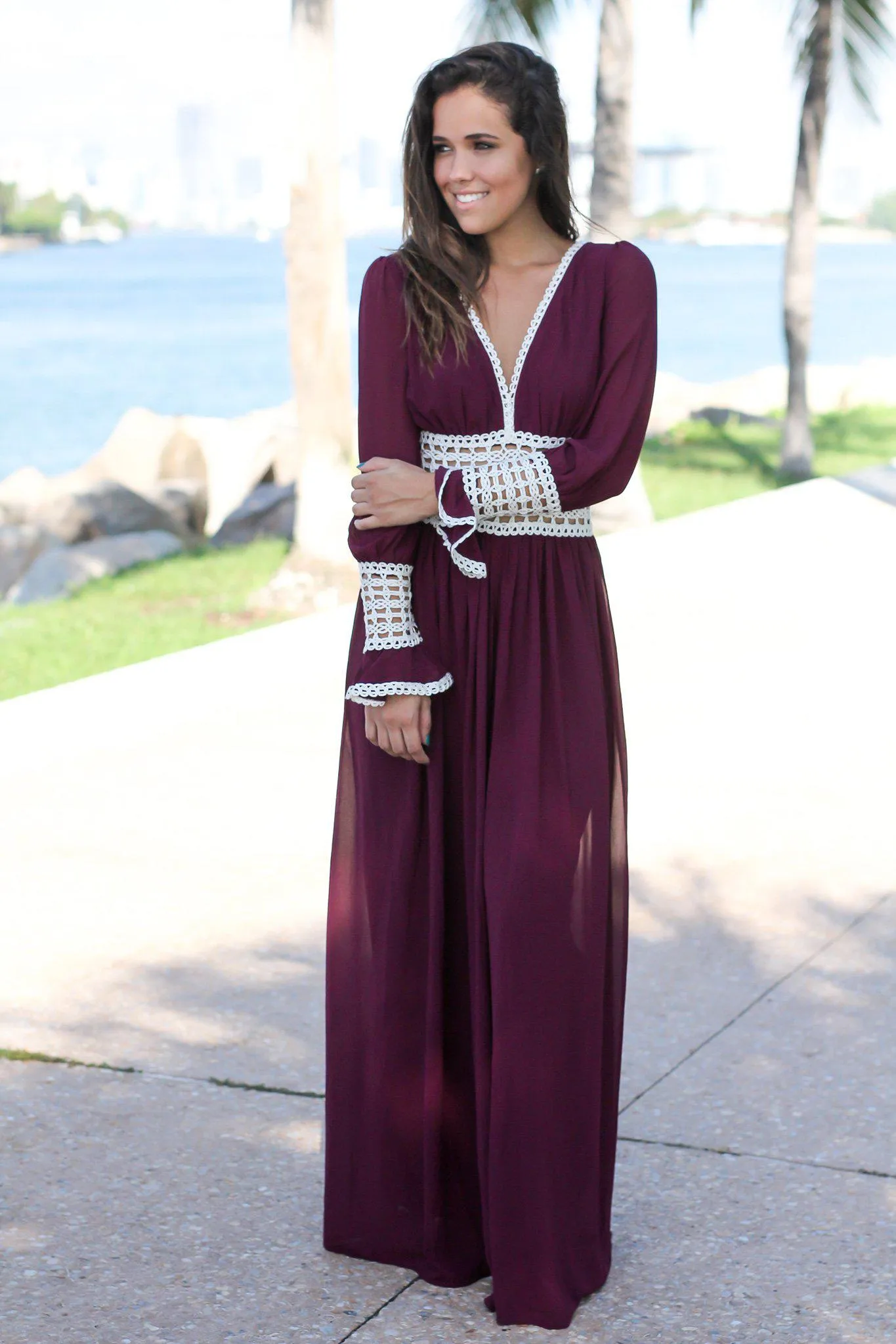 Wine Wide Legged Jumpsuit with Crochet Detail