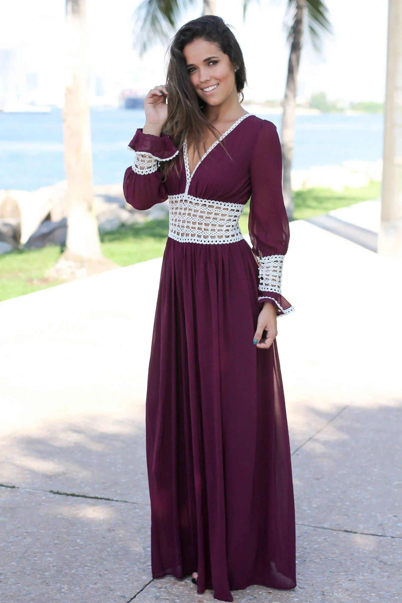 Wine Wide Legged Jumpsuit with Crochet Detail