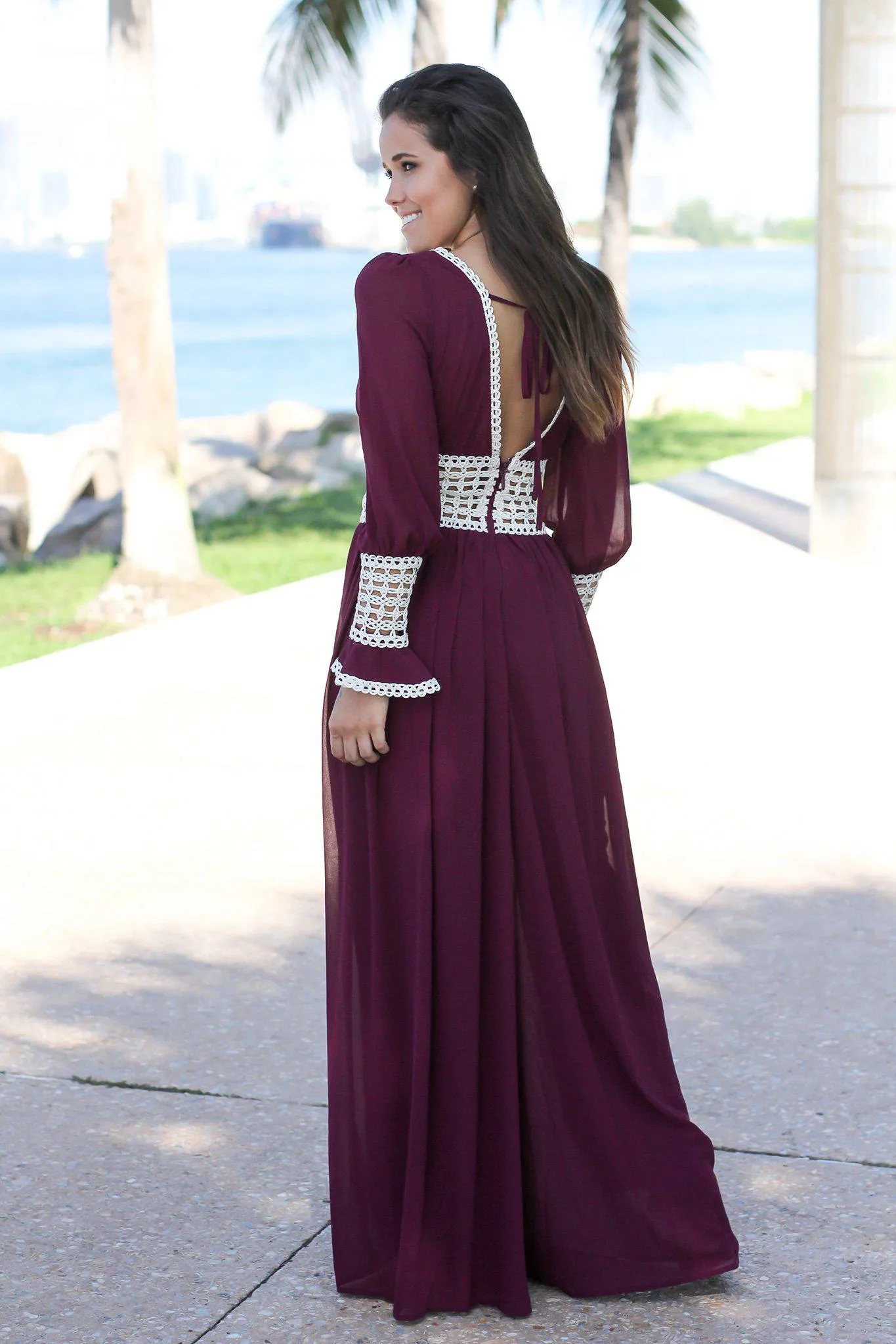 Wine Wide Legged Jumpsuit with Crochet Detail