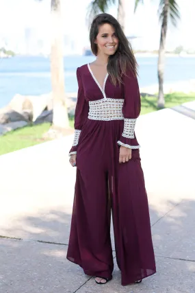 Wine Wide Legged Jumpsuit with Crochet Detail