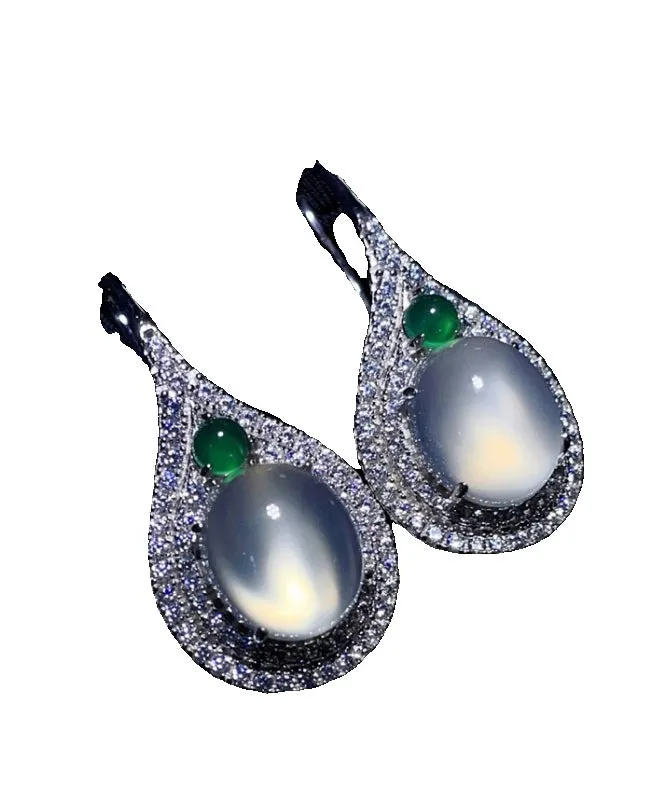 Women Silk Sterling Silver Inlaid Zircon Jade Stud Earrings AC1065