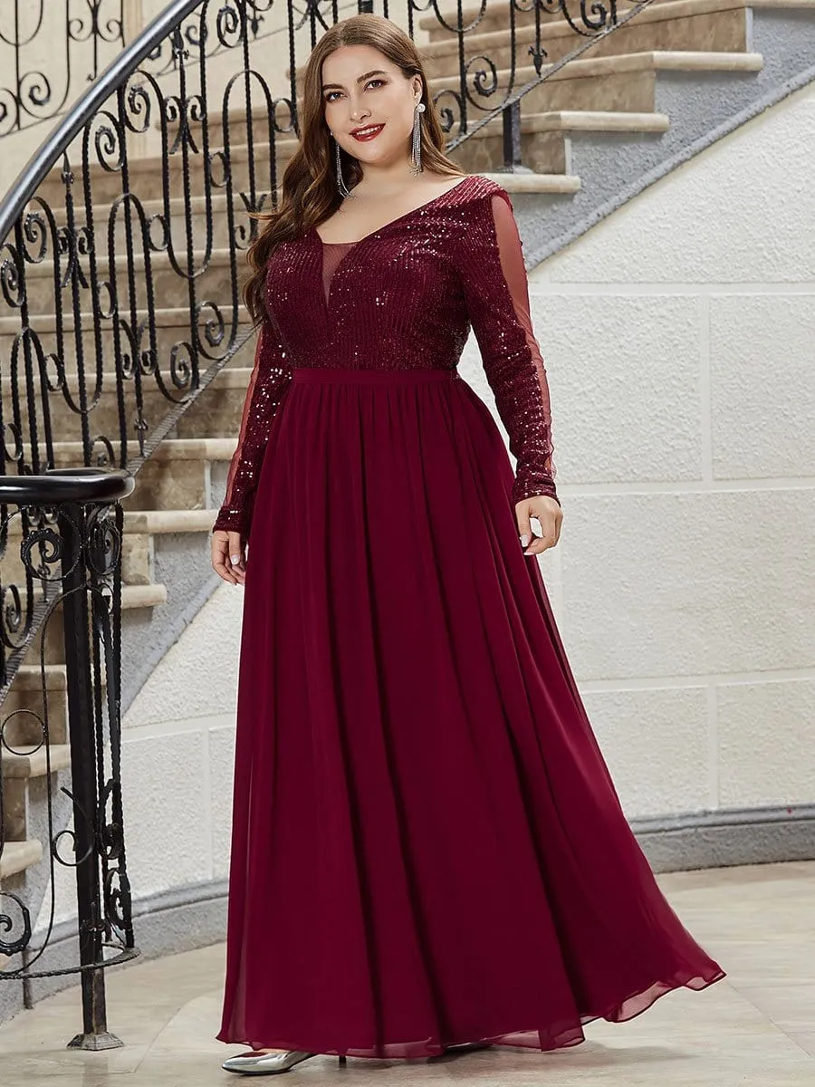 Women's See-through Plus Size Sequin Evening Dresses with Long Sleeve