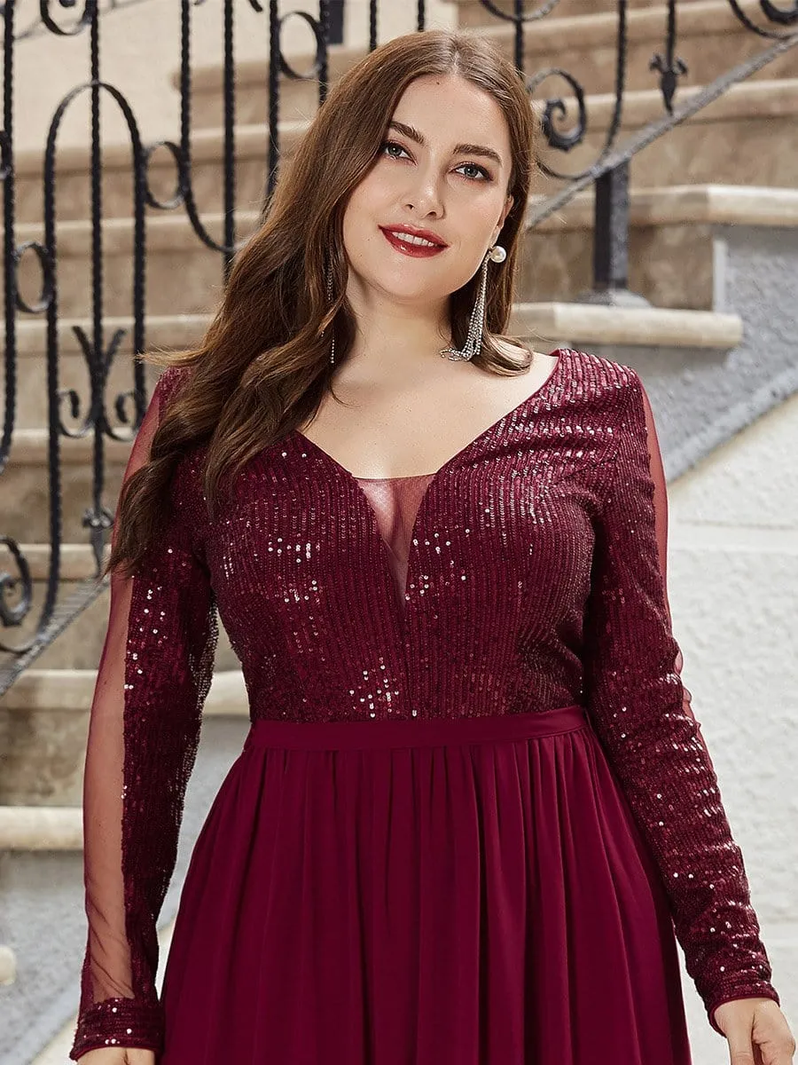 Women's See-through Plus Size Sequin Evening Dresses with Long Sleeve