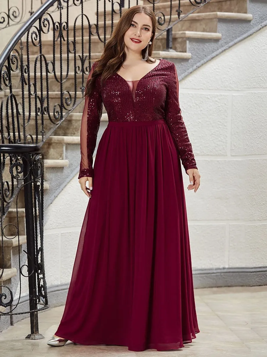 Women's See-through Plus Size Sequin Evening Dresses with Long Sleeve