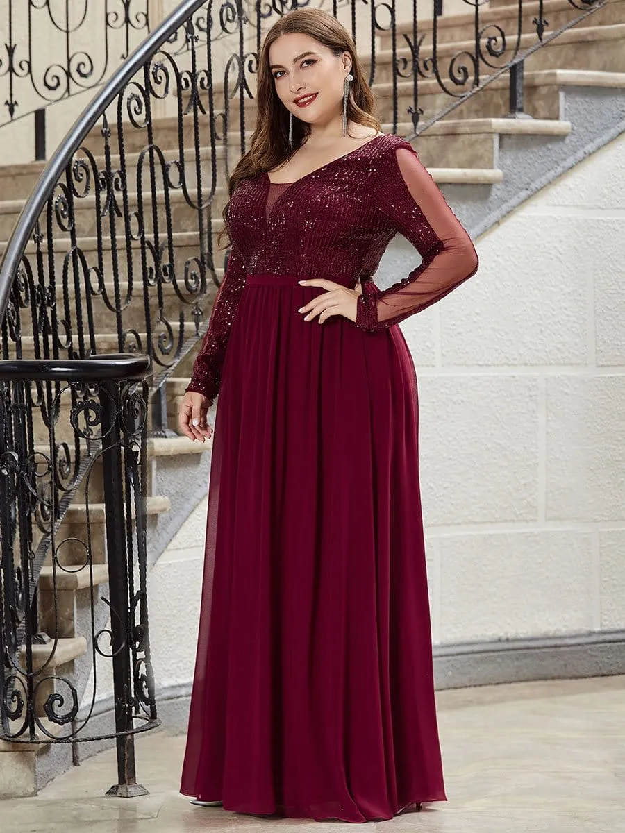 Women's See-through Plus Size Sequin Evening Dresses with Long Sleeve